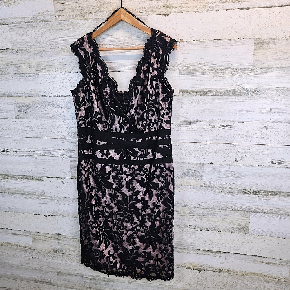 Tadashi Shoji Black Lace Overlay Cocktail Dress 16 Elegant Romantic Sheath - Picture 3 of 14